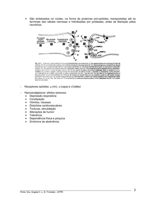 ____________________________________________________________________________________________
Profa. Dra. Angela C. L. B. Trindade - UFPR
2
• São sintetizados no núcleo, na forma de proteínas pró-opióides, transportadas até os
terminais das células nervosas e hidrolizadas por proteases, antes da liberação pelos
neurônios.
- Receptores opióides: µ (mi), κ (capa) e δ (delta)
- Hipnoanalgésicos: efeitos adversos
• Depressão respiratória
• Constipação
• Vômitos, náuseas
• Distúrbios cardiovasculares
• Tonturas, obnubilação
• Alterações de humor
• Tolerância
• Dependência física e psíquica
• Síndrome de abstinência
 