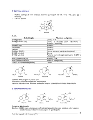 ____________________________________________________________________________________________
Profa. Dra. Angela C. L. B. Trindade - UFPR
5
1 MORFINA E DERIVADOS
- Morfina: protótipo [5 anéis fundidos, 5 centros quirais (5R, 6S, 9R, 13S e 14R), (l) ou (-) →
levógiro]
- 5 a 10% do ópio
O
N
HO OH
Morfina
1
2
3 4 5 6
7
8
910
14
15
16
17
A
B
C
E
R.E.A.:
Substituição Atividade analgésica
3-OH por 3-H Diminui 10 X
6-OH por 6-ceto (=O) Diminui a atividade (com 7,8-di-hidro →
aumenta a atividade)
6-OH por 6-H Aumenta
7,8-di-hidro Aumenta
14β-OH Aumenta
3-OH por 3-OCH3 Diminui (aumenta a ação antitussígena)
3-COCH3 (éster) Diminui
6-COCH3 (éster) Aumenta (aumenta ação estimulante do SNC e
toxicidade)
NCH3 por NCH2CH2Ph Aumenta 10 X
NCH3 por NCH2CH=CH2 Torna-se antagonista µ
Quebra da ponte etérea (anel E) Diminui
Heroína
O
N
CH3COO OCOCH3
Etilmorfina
O
N
CH3CH2O OH
Codeína
O
N
CH3O OH
Codeína: Antitussígeno (0,5% do ópio).
Etilmorfina: Atividade analgésica e antitussígena.
Heroína: Diacetilmorfina, atividade analgésica superior à da morfina. Provoca dependência.
2 DERIVADOS DA ORIPAVINA
Etorfina
O
N
HO OCH3
OH
Oripavina
O
N
HO OCH3
O
N
HO OCH3
OH
Buprenorfina
Oripavina: Não é usada.
Etorfina: - 6000 X mais potente que morfina (mais lipossolúvel e maior afinidade pelo receptor).
- Usada na captura de animais selvagens de grande porte.
 