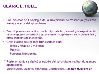 CLARK. L. HULL.


• Fue profesor de Psicología de la Universidad de Wisconsin (realizaba
  trabajos acerca del aprendizaje).

• Fue el primero en aplicar en la hipnosis la metodología experimental
  usando grupos de control y experimental, la aplicación de la estadística y
  otros controles de laboratorio.
• Creía que los sujetos más hipnotizables eran:
   - Niños y niñas de 7 y 8 años.
   - Mujeres.
   - Personas inteligentes.

* Posteriormente se dedicó al estudio del aprendizaje, realizando grandes
  aportaciones.
* Dejó muchos alumnos motivados, uno de ellos…..Milton H. Erickson
 