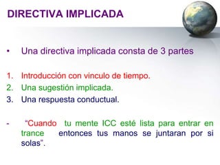 DIRECTIVA IMPLICADA


•   Una directiva implicada consta de 3 partes

1. Introducción con vinculo de tiempo.
2. Una sugestión implicada.
3. Una respuesta conductual.

-     “Cuando tu mente ICC esté lista para entrar en
    trance   entonces tus manos se juntaran por si
    solas”.
 
