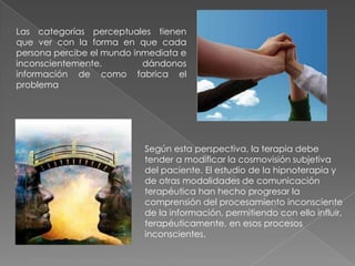 Las categorías perceptuales tienen
que ver con la forma en que cada
persona percibe el mundo inmediata e
inconscientemente,         dándonos
información de como fabrica el
problema




                           Según esta perspectiva, la terapia debe
                           tender a modificar la cosmovisión subjetiva
                           del paciente. El estudio de la hipnoterapia y
                           de otras modalidades de comunicación
                           terapéutica han hecho progresar la
                           comprensión del procesamiento inconsciente
                           de la información, permitiendo con ello influir,
                           terapéuticamente, en esos procesos
                           inconscientes.
 
