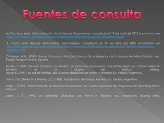 M. Pacheco (s/a) Sistematización de la hipnosis Ericksoniana, consultado el 19 de abril del 2012 encontrado en
http://www.iacat.com/revista/recrearte/recrearte06/Seccion6/hipnosis_ericksoniana.pdf

E. Costa (s/a) Hipnosis Ericksoniana, SaludTerapia, consultado el 19 de abril del 2012 encontrado en
http://www.saludterapia.com/articulos/terapias-y-tecnicas/169-terapias-psicologicas/862-hipnosis-ericksoniana-
definicion.html

O’Hanlon, W.H., (1993), Raíces Profundas. Principios Básicos de la terapia y de la hipnosis de Milton Erickson, ed.
Paidós Terapia Familiar, España.

Robles, T. (1991), Terapia Cortada a la Medida. Un Seminario Ericksoniano con Jeffrey Zeigh, ed. Instituto Milton H.
Erickson              de               la            Ciudad               de              México,          México.
Rosen S., (1991), Mi voz irá contigo. Los Cuentos didácticos de Milton H, Erickson, Ed. Paidós, Argentina.

Simon, F.B., Stierlin, H. y Wynne, L.C., (1988), Vocabulario de Terapia Familiar, ed. Gedisa, Argentina.

Zeigh, J. (1991), Entrenamiento en Hipnosis Ericksoniana, ed. Centro Mexicano de Programación Neurolinguistica,
México.

Zeigh,   J.   F.,   (1992),   Un   Seminario   Didáctico   con   Milton   H.   Erickson,   ed.   Amorrourtu,   Buenos   Aires.
 