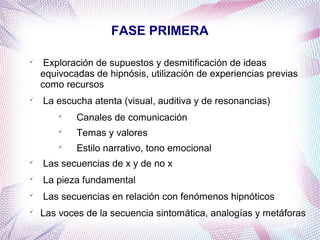 FASE PRIMERA


     Exploración de supuestos y desmitificación de ideas
    equivocadas de hipnósis, utilización de experiencias previas
    como recursos

    La escucha atenta (visual, auditiva y de resonancias)
        
            Canales de comunicación
        
            Temas y valores
        
            Estilo narrativo, tono emocional

    Las secuencias de x y de no x

    La pieza fundamental

    Las secuencias en relación con fenómenos hipnóticos

    Las voces de la secuencia sintomática, analogías y metáforas
 