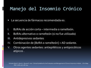 Manejo del Insomnio Crónico
 La secuencia de fármacos recomendada es:

BzRAs de acción corta – intermedia o ramelteón.
II. BzRAs alternativo o ramelteón (si no fue utilizado)
III. Antidepresivos sedantes
IV. Combinación de [BzRA o ramelteón] + AD sedante.
V. Otros agentes sedantes: antiepiléticos y antipsicóticos
atípicos .
I.

Schutte-Rodin S, Broch L, Buysse D et al. Clinical Guideline for the Evaluation and Management of Chronic Insomnia in Adults. J Clin Sleep
Med. 2008; 4(5): 487-504.

 