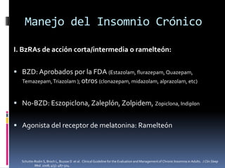 Manejo del Insomnio Crónico
I. BzRAs de acción corta/intermedia o ramelteón:
 BZD: Aprobados por la FDA (Estazolam, flurazepam, Quazepam,
Temazepam, Triazolam ); otros (clonazepam, midazolam, alprazolam, etc)

 No-BZD: Eszopiclona, Zaleplón, Zolpidem, Zopiclona, Indiplon
 Agonista del receptor de melatonina: Ramelteón

Schutte-Rodin S, Broch L, Buysse D et al. Clinical Guideline for the Evaluation and Management of Chronic Insomnia in Adults. J Clin Sleep
Med. 2008; 4(5): 487-504.

 