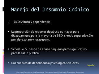 Manejo del Insomnio Crónico
I.

BZD: Abuso y dependencia

 La proporción de reportes de abuso es mayor para

diazepam que para la mayoría de BZD, siendo superado sólo
por alprazolam y lorazepam.
 Schedule IV: riesgo de abuso pequeño pero significativo

para la salud pública.
 Los cuadros de dependencia psicológica son leves.
Who Expert Committe on Drug Dependence. Thirty-second report. World Health Organization. Geneva 2001.

Nivel V

 