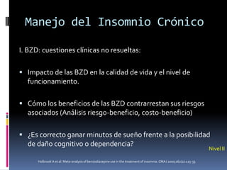 Manejo del Insomnio Crónico
I. BZD: cuestiones clínicas no resueltas:
 Impacto de las BZD en la calidad de vida y el nivel de

funcionamiento.
 Cómo los beneficios de las BZD contrarrestan sus riesgos

asociados (Análisis riesgo-beneficio, costo-beneficio)
 ¿Es correcto ganar minutos de sueño frente a la posibilidad

de daño cognitivo o dependencia?
Holbrook A et al. Meta-analysis of benzodiazepine use in the treatment of insomnia. CMAJ 2000;162(2):225-33.

Nivel II

 