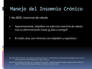 Manejo del Insomnio Crónico
I. No-BZD: insomnio de rebote


Aparentemente, zolpidem no induciría insomnio de rebote
tras su administración hasta 35 días a 10mg/d1



En todo caso, son mínimos con zolpidem y zopiclona.2

Monti JM, Attali P, Monti D, et al. Zolpidem and rebound insomnia – a double-blind, controlled polysomnographic study in chronic
insomniac patients. Pharmacopsychiatry 1997; 27: 166-175.
Nishino S et al. Sedantes-Hipnóticos. En: Schatzberg A, Nemeroff C. Tratado de psicofarmacología. Traducido de la 3° edición en
inglés de “Textbook of Psychoparmachology”. Ed. Masson. Barcelona 2006.

 