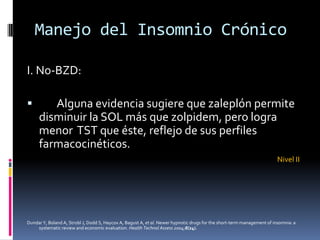 Manejo del Insomnio Crónico
I. No-BZD:


Alguna evidencia sugiere que zaleplón permite
disminuir la SOL más que zolpidem, pero logra
menor TST que éste, reflejo de sus perfiles
farmacocinéticos.
Nivel II

Dundar Y, Boland A, Strobl J, Dodd S, Haycox A, Bagust A, et al. Newer hypnotic drugs for the short-term management of insomnia: a
systematic review and economic evaluation. Health Technol Assess 2004;8(24).

 