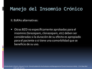 Manejo del Insomnio Crónico
II. BzRAs alternativas:
 Otras BZD no específicamente aprobadas para el

insomnio (lorazepam, clonazepam, etc) deben ser
consideradas si la duración de su efecto es apropiado
para el paciente o si tiene una comorbilidad que se
beneficio de su uso.

Schutte-Rodin S, Broch L, Buysse D et al. Clinical Guideline for the Evaluation and Management of Chronic Insomnia in Adults. J Clin Sleep Med.
2008; 4(5): 487-504.

 