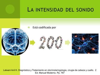 Está codificada por La intensidad del sonido Lalwani Anil K. Diagnóstico y Tratamiento en otorrinolaringologia, cirugia de cabeza y cuello.  2 Ed. Manual Moderno. Pp. 767