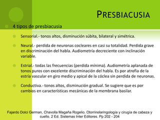 Padecimiento origen vascularVascularización oído interno es complejaProveniente plexos de N. acústico facial, a. cerebelosa anterior e inferior.Artrosis cervical, compresión, ateroma y secuelas traumáticas dan lugar a trastornos de la nutrición coclear.Fajardo Dolci German, Chavolla Magaña Rogelio. Otorrinolaringología y cirugía de cabeza y cuello. 2 Ed. Sistemas Inter Editores. Pp 202 - 204