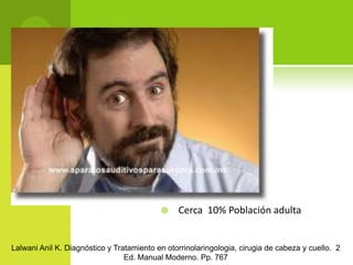 Cerca  10% Población adultaLalwani Anil K. Diagnóstico y Tratamiento en otorrinolaringologia, cirugia de cabeza y cuello.  2 Ed. Manual Moderno. Pp. 767
