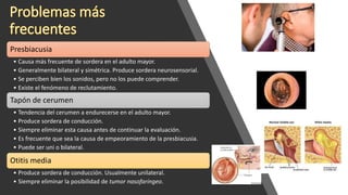 Presbiacusia
• Causa más frecuente de sordera en el adulto mayor.
• Generalmente bilateral y simétrica. Produce sordera neurosensorial.
• Se perciben bien los sonidos, pero no los puede comprender.
• Existe el fenómeno de reclutamiento.
Tapón de cerumen
• Tendencia del cerumen a endurecerse en el adulto mayor.
• Produce sordera de conducción.
• Siempre eliminar esta causa antes de continuar la evaluación.
• Es frecuente que sea la causa de empeoramiento de la presbiacusia.
• Puede ser uni o bilateral.
Otitis media
• Produce sordera de conducción. Usualmente unilateral.
• Siempre eliminar la posibilidad de tumor nasofaríngeo.
 