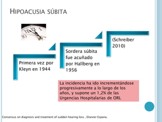 HIPOACUSIA SÚBITA
La incidencia ha ido incrementándose
progresivamente a lo largo de los
años, y supone un 1,2% de las
Urgencias Hospitalarias de ORL
Primera vez por
Kleyn en 1944
Sordera súbita
fue acuñado
por Hallberg en
1956
(Schreiber
2010)
Consensus on diagnosis and treatment of sudden hearing loss , Elsevier Espana.
 