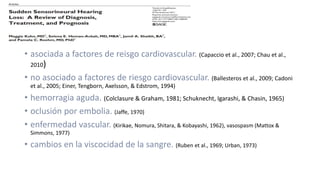 (Capaccio et al., 2007; Chau et al.,
2010)
(Ballesteros et al., 2009; Cadoni
et al., 2005; Einer, Tengborn, Axelsson, & Edstrom, 1994)
(Colclasure & Graham, 1981; Schuknecht, Igarashi, & Chasin, 1965)
(Jaffe, 1970)
(Kirikae, Nomura, Shitara, & Kobayashi, 1962), vasospasm (Mattox &
Simmons, 1977)
(Ruben et al., 1969; Urban, 1973)
 