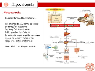 Hipocalcemia
Fisiopatología:
Cuánta vitamina D necesitamos:
Por encima de 150 ng/ml es tóxica
30-60 ng/ml es óptima
20-29 ng/ml es suficiente
9-19 ng/ml es insuficiente
(la carencia causa raquitismo, mayor
riesgo de cáncer y fallos en las
respuestas antimicrobianas)
2007: Efecto antievejecimiento.
 