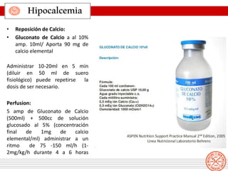 Hipocalcemia
• Reposición de Calcio:
• Gluconato de Calcio a al 10%
amp. 10ml/ Aporta 90 mg de
calcio elemental
Administrar 10-20ml en 5 min
(diluir en 50 ml de suero
fisiológico) puede repetirse la
dosis de ser necesario.
Perfusion:
5 amp de Gluconato de Calcio
(500ml) + 500cc de solución
glucosado al 5% (concentración
final de 1mg de calcio
elemental/ml) administrar a un
ritmo de 75 -150 ml/h (1-
2mg/kg/h durante 4 a 6 horas
 