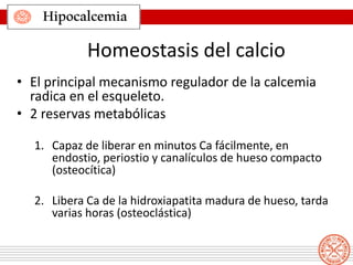 Hipocalcemia
Homeostasis del calcio
• El principal mecanismo regulador de la calcemia
radica en el esqueleto.
• 2 reservas metabólicas
1. Capaz de liberar en minutos Ca fácilmente, en
endostio, periostio y canalículos de hueso compacto
(osteocítica)
2. Libera Ca de la hidroxiapatita madura de hueso, tarda
varias horas (osteoclástica)
 