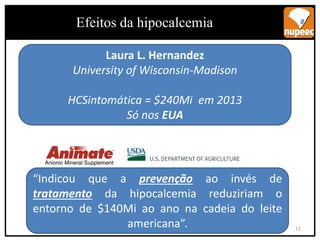Efeitos da hipocalcemia
11
Laura L. Hernandez
University of Wisconsin-Madison
HCSintomática = $240Mi em 2013
Só nos EUA
“Indicou que a prevenção ao invés de
tratamento da hipocalcemia reduziriam o
entorno de $140Mi ao ano na cadeia do leite
americana”.
 