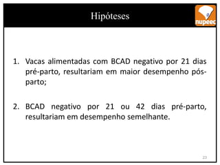 Hipóteses
1. Vacas alimentadas com BCAD negativo por 21 dias
pré-parto, resultariam em maior desempenho pós-
parto;
2. BCAD negativo por 21 ou 42 dias pré-parto,
resultariam em desempenho semelhante.
HIPÓTESES
Hipóteses
23
 