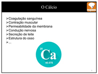 3
O Cálcio
Coagulação sanguínea
Contração muscular
Permeabilidade da membrana
Condução nervosa
Secreção de leite
Estrutura do osso
...
20
40.078
 