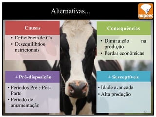 Alternativas...
+ Pré-disposição
• Períodos Pré e Pós-
Parto
• Período de
amamentação
+ Susceptíveis
• Idade avançada
• Alta produção
Consequências
• Diminuição na
produção
• Perdas econômicas
• Deficiência de Ca
• Desequilíbrios
nutricionais
Causas
42
 