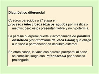Diagnóstico diferencial
Cuadros parecidos a 2ª etapa en:
procesos infecciosos tóxicos agudos por mastitis o
metritis; pero éstos presentan fiebre y no hipotermia.
La paresia puerperal puede ir acompañada de parálisis
obstétrica (ver Síndrome de Vaca Caída) que obliga
a la vaca a permanecer en decúbito esternal.
En otros casos, la vaca con paresia puerperal al parto
se complica luego con mionecrosis por decúbito
prolongado.
 
