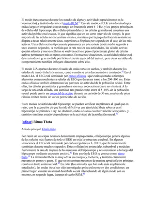 El modo theta aparece durante los estados de alerta y actividad (especialmente en la
locomoción) y también durante el sueño REM.41
En este modo, el EEG está dominado por
ondas largas e irregulares con un rango de frecuencia entre 6–9 Hz, y los grupos principales
de células del hipocampo (las células piramidales y las células granulosas) muestran una
actividad poblacional escasa, lo que significa que en un corto intervalo de tiempo, la gran
mayoría de las células se encuentran silentes, mientras que la pequeña fracción restante se
dispara a tasas relativamente altas, superiores a 50 picos por segundo en el caso de las más
activas. Una célula activa típicamente permanece en este estado desde medio segundo a
unos cuantos segundos. A medida que la rata realiza sus actividades, las células activas
quedan silentes y nuevas células se vuelven activas, pero el porcentaje global de células
activas permanece más o menos constante. En muchas situaciones, la actividad celular está
determinada en gran medida por la localización espacial del animal, pero otras variables de
comportamiento también influyen claramente sobre ello.
El modo LIA aparece durante el sueño de onda corta sin sueños, y también durante los
estados de inmovilidad al caminar, como cuando se está descansando o comiendo.41
En el
modo LIA, el EEG está dominado por ondas afiladas , que están ajustadas a tiempos
aleatorios correspondientes a señales de EEG que duran en torno a los 200–300 ms. Estas
ondas afiladas también determinan los patrones de actividad de la población neural. Entre
ellas, las células piramidales y granulares son muy poco activas (pero no silentes). A lo
largo de una onda afilada, una cantidad tan grande como entre el 5–10% de la población
neural puede emitir un potencial de acción durante un periodo de 50 ms; muchas de estas
células emiten brotes de varios potenciales de acción.
Estos modos de actividad del hipocampo se pueden verificar en primates al igual que en
ratas, con la excepción de que ha sido difícil ver una ritmicidad theta robusta en el
hipocampo de primates. Hay, no obstante, ondas afiladas cualitativamente semejantes, y
cambios similares estado-dependientes en la actividad de la población neural.42
[editar] Ritmo Theta
Artículo principal: Onda theta.
Por razón de sus capas neurales densamente empaquetadas, el hipocampo genera algunas
de las señales más fuertes de todo el EEG en toda la estructura cerebral. En algunas
situaciones el EEG está dominado por ondas regulares a 3–10 Hz, que frecuentemente
continúan durante muchos segundos. Estas reflejan los potenciales subumbral y modulan
fuertemente la tasa de disparo de las neuronas del hipocampo y se sincronizan a lo largo del
hipocampo mediante un patrón errático.43
Este patrón de EEG se conoce como ritmo
theta.44
La ritmicidad theta es muy obvia en conejos y roedores, y también claramente
presente en perros y gatos. El que se encuentran presentes de manera apreciable en primates
resulta un tanto controversial.45
En ratas (los animales que han sido más ampliamente
estudiados), las ondas theta han sido investigadas principalmente en dos condiciones: en
primer lugar, cuando un animal deambula o está interactuando de algún modo con su
entorno; en segundo lugar, durante el sueño REM.46
 