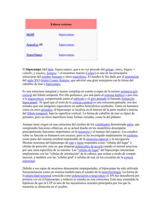 Enlaces externos
MeSH hippocampus
NeuroLex ID hippocampus
NeuroNames hippocampus
El hipocampo (del latín: hippocampus, que a su vez procede del griego: ιππος, hippos =
caballo, y καμπος, kampos = el monstruo marino Campe) es una de las principales
estructuras del cerebro humano y otros mamíferos. El nombre le fue dado por el anatomista
del siglo XVI Giulio Cesare Aranzio, que advirtió una gran semejanza con la forma del
caballito de mar o hipocampo.
Es una estructura marginal y menos compleja en cuanto a capas de la misma sustancia gris
cortical del lóbulo temporal. Por ello pertenece, por una parte al sistema límbico y por otra
a la arquicorteza, componiendo junto al subículo y el giro dentado la llamada formación
hipocampal. Al igual que el resto de la corteza cerebral es una estructura pareada, con dos
mitades que son imágenes especulares en ambos hemisferios cerebrales. Tanto en humanos
como en otros primates, el hipocampo se localiza en el interior de la parte medial o interna
del lóbulo temporal, bajo la superficie cortical. La forma de caballito de mar es típica de
primates, pero en otros mamíferos tiene formas variadas, como la del plátano.
Aunque tiene origen en una estructura del cerebro de los vertebrados denominada palio, que
comprendía funciones olfativas, en su actual diseño en los mamíferos desempeña
principalmente funciones importantes en la memoria y el manejo del espacio. Los estudios
sobre su función en humanos son escasos, pero se ha investigado ampliamente en roedores
como parte del sistema cerebral responsable de la memoria espacial y la navegación.
Muchas neuronas del hipocampo de rata y ratón responden como "células del lugar" o
células de posición: esto es, que disparan potenciales de acción cuando el animal atraviesa
por una zona específica de su entorno. Las "células de lugar" del hipocampo interactúan
ampliamente con las "células de orientación" de la cabeza, que actúan a modo de compás
inercial, y también con las "células grid" o células de red, en las cercanías de la corteza
entorrinal.
Debido a sus capas de neuronas densamente empaquetadas, el hipocampo ha sido utilizado
frecuentemente como un sistema modelo para el estudio de la neurofisiología. La forma de
la plasticidad neuronal conocida como potenciación a largo plazo (LTP) fue descubierta por
primera vez en el hipocampo, y todavía se estudia en esta estructura. Está muy extendida la
hipótesis de que la LTP es uno de los mecanismos neurales principales por los que la
memoria se almacena en el cerebro.
 