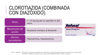 CLOROTIAZIDA (COMBINADA
CON DIAZÓXIDO).
•7-10 mg/kg/día vo repartido en dos
dosis.
Dosis
•Respuesta sinérgica al diazóxido.
Mecanismo de
acción
•Hiponatremia, hipopotasemia.
Efectos
secundarios
Christine A. Gleason & Sandra E Juul, Avery. Enfermedades del recién nacido, 10 edition
Tas E, Garibaldi L, Muzumdar R, Glucose Homeostasis in Newborns: An Endocrinology Perspective Neo Review, January 2020
 