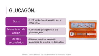 GLUCAGÓN.
•1-20 µg/kg/h en inyección s.c. o
infusión iv.
Dosis
•Aumenta la glucogenólisis y la
gluconeogenia.
Mecanismo de
acción
•Náuseas, vómitos, secreción
paradójica de insulina en dosis altas.
Efectos
secundarios
Christine A. Gleason & Sandra E Juul, Avery. Enfermedades del recién nacido, 10 edition
 