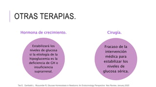 OTRAS TERAPIAS.
Hormona de crecimiento.
Estabilizará los
niveles de glucosa
si la etiología de la
hipoglucemia es la
deficiencia de GH o
insuficiencia
suprarrenal.
Cirugía.
Fracaso de la
intervención
médica para
estabilizar los
niveles de
glucosa sérica.
Tas E, Garibaldi L, Muzumdar R, Glucose Homeostasis in Newborns: An Endocrinology Perspective Neo Review, January 2020
 