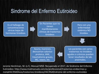 Es el hallazgo de
concentraciones
séricas bajas de
hormonas tiroideas.
En Pacientes que no
tienen
manifestaciones
clínicas de trastornos
tiroideos
Pero con una
enfermedad
sistémica NO
tiroidea.
Los pacientes con varios
trastornos no tiroideos
agudos o crónicos pueden
tener resultados de lab.
anormales.
Ayuno, inanicion,
desnutrion calorico-
proteica, IAM,
traumatismo graves,
IRC, sepsis, etc.
Jerome Hershman, M. (s.f.). Manual MSD. Recuperado el 2017, de Sindrome del Enfermo
Eutiroideo: http://www.msdmanuals.com/es/professional/trastornos-endocrinos-y-
metab%C3%B3licos/trastornos-tiroideos/s%C3%ADndrome-del-enfermo-eutiroideo
 