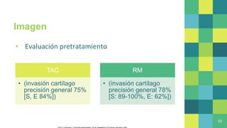Imagen
▪ Evaluación pretratamiento
10
TAC
• (invasión cartílago
precisión general 75%
[S, E 84%])
RM
• (invasión cartílago
precisión general 78%
[S: 89-100%, E: 62%])
 