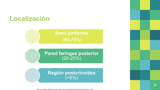 Localización
Seno piriforme
(65-75%)
Pared faríngea posterior
(20-25%)
Región postcricoidea
(<5%)
18
Bahadur S, Thakar A, Mohanti B. Carcinoma of the Larynx and Hypopharynx. Singapore: Springer Singapore; 2019.
 