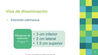 Vías de diseminación
▪ Extensión submucosa
21
• 3 cm inferior
• 2 cm lateral
• 1.5 cm superior
Márgenes de
resección:
(Pacientes sin RT
previa)
Flint P, Cummings C. Cummings otolaryngology. 7th ed. Philadelphia, Pa: Elsevier, Saunders; 2020
 