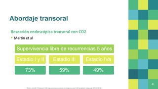 Abordaje transoral
Resección endoscópica transoral con CO2
▪ Martin et al
41
Supervivencia libre de recurrencias 5 años
Estadio I y II
73%
Estadio III
59%
Estadio IVa
49%
Martin A, Jackel MC, Christiansen H, et al. Organ preserving transoral laser microsurgery for cancer of the hypopharynx. Laryngoscope. 2008;118:398–402.
 