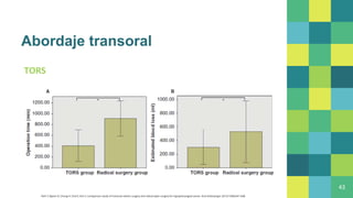 Abordaje transoral
TORS
43
Park Y, Byeon H, Chung H, Choi E, Kim S. Comparison study of transoral robotic surgery and radical open surgery for hypopharyngeal cancer. Acta Otolaryngol. 2013;133(6):641-648.
 