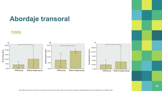 Abordaje transoral
TORS
44
Park Y, Byeon H, Chung H, Choi E, Kim S. Comparison study of transoral robotic surgery and radical open surgery for hypopharyngeal cancer. Acta Otolaryngol. 2013;133(6):641-648.
 