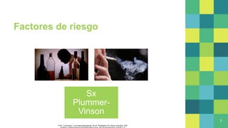 Factores de riesgo
Sx
Plummer-
Vinson
7
Flint P, Cummings C. Cummings otolaryngology. 7th ed. Philadelphia, Pa: Elsevier, Saunders; 2020
Bradley P. Epidemiology of Hypopharyngeal Cancer. Adv Otorhinolaryngol. 2019;83:1-14
 