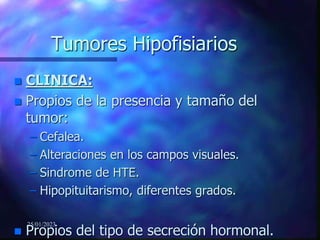 25/01/2023
Tumores Hipofisiarios
 CLINICA:
 Propios de la presencia y tamaño del
tumor:
– Cefalea.
– Alteraciones en los campos visuales.
– Sindrome de HTE.
– Hipopituitarismo, diferentes grados.
 Propios del tipo de secreción hormonal.
 