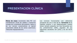 PRESENTACION CLÍNICA
Los tumores funcionantes son adenomas
secretores de una o más de las hormonas de la
hipófisis anterior y son diagnosticados cuando
tienen tamaño pequeño; los más frecuentes son
los prolactinomas (50%), seguidos de los
adenomas secretores GH (25%) y los de ACTH
(20%).
Carrillo R, Castelazo A. Neuroanestesiología y cuidados intensivos neurológicos. 1a Ed. México: Editorial Alfil; 2007.
Efecto de masa: incremento dela PIC con
manifestación inicial de cefalea o trastornos
visuales por compresión del quiasma óptico y
de los nervios oculomotores al ejercer
compresión lateral de los senos cavernosos.
*Descartar hipopituitarismo.
 