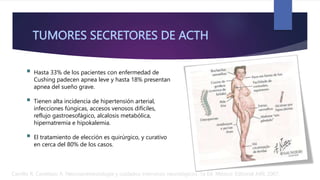 TUMORES SECRETORES DE ACTH
 Hasta 33% de los pacientes con enfermedad de
Cushing padecen apnea leve y hasta 18% presentan
apnea del sueño grave.
 Tienen alta incidencia de hipertensión arterial,
infecciones fúngicas, accesos venosos difíciles,
reflujo gastroesofágico, alcalosis metabólica,
hipernatremia e hipokalemia.
 El tratamiento de elección es quirúrgico, y curativo
en cerca del 80% de los casos.
Carrillo R, Castelazo A. Neuroanestesiología y cuidados intensivos neurológicos. 1a Ed. México: Editorial Alfil; 2007.
 