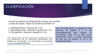 Araujo-Castro M, Pascual-Corrales E, Ortiz-Flores AE, Escobar-Morreale HF. Adenomas hipofisarios y adenomas hipofisarios no
funcionantes. Medicine - Programa de Formación Médica Continuada Acreditado. 2020;13(15):833–45.
CLASIFICACIÓN
Los AH se clasifican principalmente en base a su tamaño
y célula de origen. Según su tamaño se dividen en:
1. Microadenomas: menores de 1 cm.
2. Macroadenomas: mayores o iguales de 1 cm.
3. AH gigantes: mayores o iguales a 4 cm.
Los microadenomas se designan como
tumores de grados 0 y I; los
macroadenomas que causan un
crecimiento diso de la silla turca,
destrucción local y erosión extensiva
en ella son de grados II, III y IV,
respectivamente.
La clasificación de los adenomas hipofisiarios los
divide en funcionales y no funcionales de acuerdo
con su actividad endocrina
 