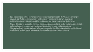 • Este trastorno se define como la disminución de la concentración de Magnesio en sangre
causada por factores alimentarios y ambientales y clínicamente por un cuadro con
sintomatología nerviosa con decúbito en bovinos que pastan gramíneas de invierno.
• Signos Clínicos: Es un cuadro nervioso con incoordinación, ataxia, andar vacilante, agresividad,
sialorrea (babeo) en vacas que mantienen la estación. En vaca caída se presenta
hiperexitabilidad, exoftalmia (ojos saltones), mioclonías (temblores) y opistótonos (flexión del
cuello hacia arriba). Luego sobreviene el coma y la muerte en pocos minutos.
 