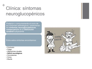 + 
Clínica: síntomas 
neuroglucopénicos 
Posterior o concurrentente al inicio de 
los síntomas adrenérgicos, sobrevienen 
los síntomas neuroglucopénicos, 
consecuencia de la disfunción 
cerebral subyacente 
Entre estos síntomas encontramos: 
• Confusión 
• Fatiga 
• Alteraciones visuales 
• Déficit neurológicos 
• Convulsiones 
• Coma 
• Muerte 
 