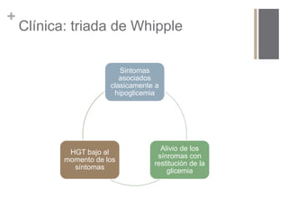 + 
Clínica: triada de Whipple 
Sintomas 
asociados 
clasicamente a 
hipoglicemia 
Alivio de los 
sínromas con 
restitución de la 
glicemia 
HGT bajo al 
momento de los 
síntomas 
 