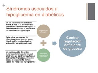 + 
Síndromes asociados a 
hipoglicemia en diabéticos 
En los pacientes con diabetes 
mellitus tipo 1, la insuficiencia 
pancreática endrocrina implica la 
deficiencia tanto en la secreción 
de insulina como glucagón. 
Episodios frecuentes de 
hipoglicemia se asocian a una 
disminución en el umbral de 
activación simpáticoadrenal 
La combinación de ambos 
factores anteriores determina el 
sindrome de contra-rregulación 
deficiente de glucosa, el cual se 
asocia a un aumento de >25 
veces del riesgo de hipoglicemia 
Ausencia de 
glucagón 
Respuesta 
neuroadrenal 
atenuada 
Contra-regulación 
deficiente 
de glucosa 
 
