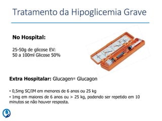 Tratamento da Hipoglicemia Grave
No Hospital:
25-50g de glicose EV:
50 a 100ml Glicose 50%
Extra Hospitalar: Glucagen® Glucagon
• 0,5mg SC/IM em menores de 6 anos ou 25 kg
• 1mg em maiores de 6 anos ou > 25 kg, podendo ser repetido em 10
minutos se não houver resposta.
 